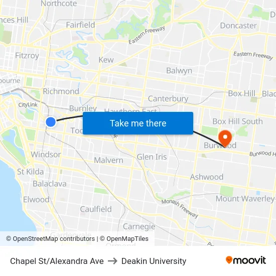 Chapel St/Alexandra Ave to Deakin University map