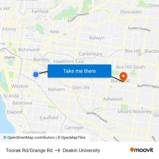 Toorak Rd/Grange Rd to Deakin University map
