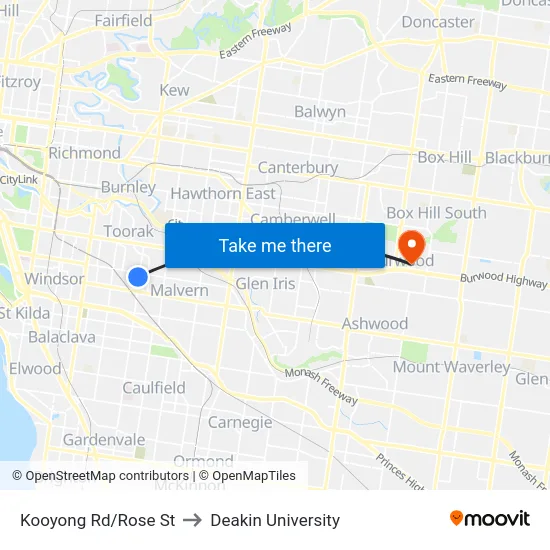 Kooyong Rd/Rose St to Deakin University map