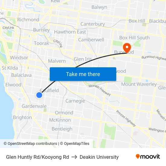 Glen Huntly Rd/Kooyong Rd to Deakin University map