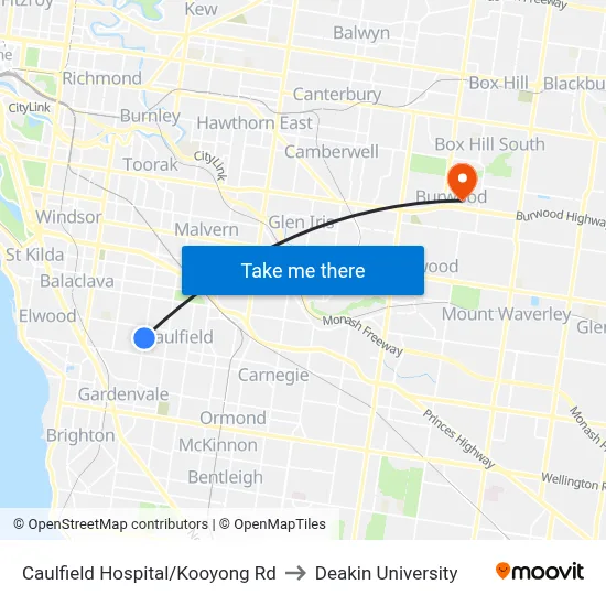 Caulfield Hospital/Kooyong Rd to Deakin University map