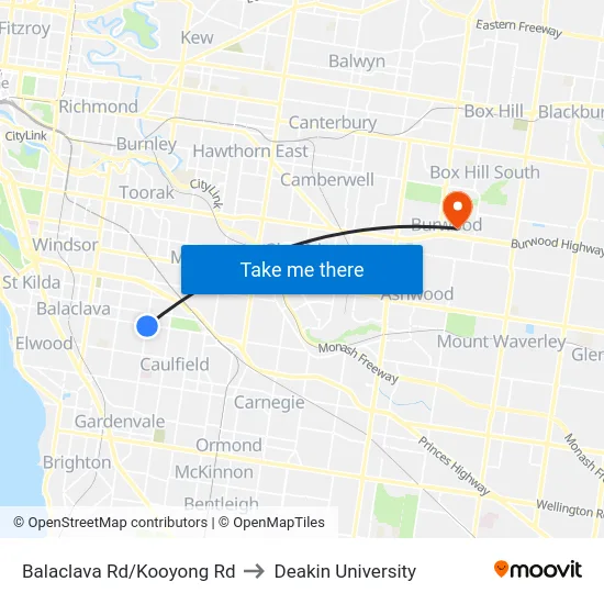 Balaclava Rd/Kooyong Rd to Deakin University map