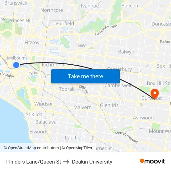 Flinders Lane/Queen St to Deakin University map