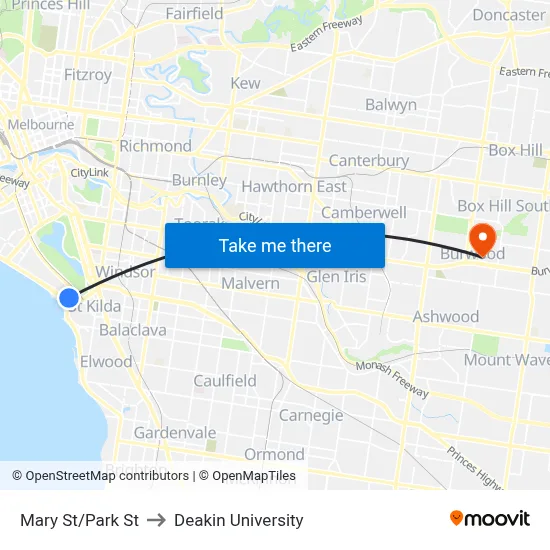 Mary St/Park St to Deakin University map