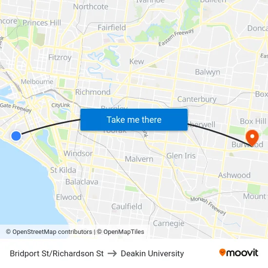 Bridport St/Richardson St to Deakin University map