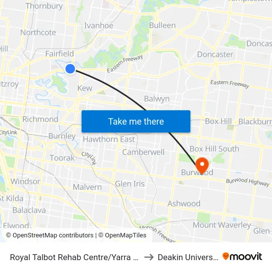 Royal Talbot Rehab Centre/Yarra Bvd to Deakin University map