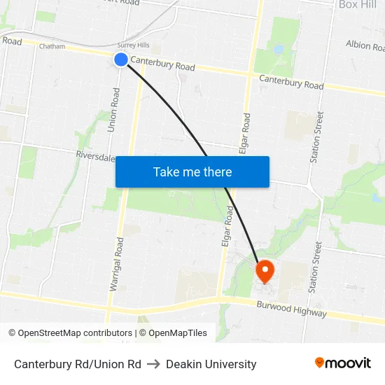Canterbury Rd/Union Rd to Deakin University map