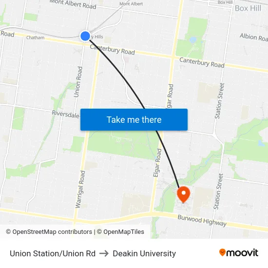 Union Station/Union Rd to Deakin University map