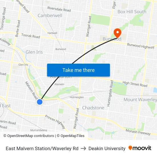 East Malvern Station/Waverley Rd to Deakin University map