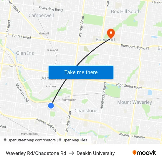Waverley Rd/Chadstone Rd to Deakin University map