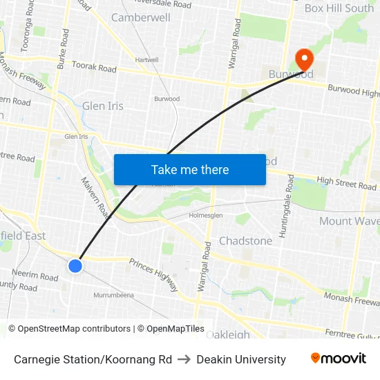 Carnegie Station/Koornang Rd to Deakin University map