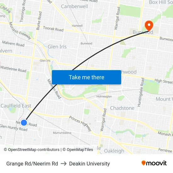 Grange Rd/Neerim Rd to Deakin University map