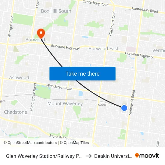 Glen Waverley Station/Railway Pde to Deakin University map