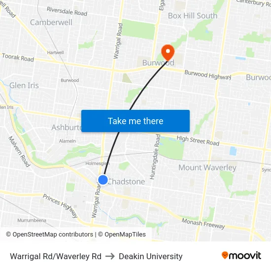 Warrigal Rd/Waverley Rd to Deakin University map