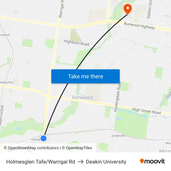 Holmesglen Tafe/Warrigal Rd to Deakin University map