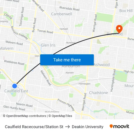 Caulfield Racecourse/Station St to Deakin University map