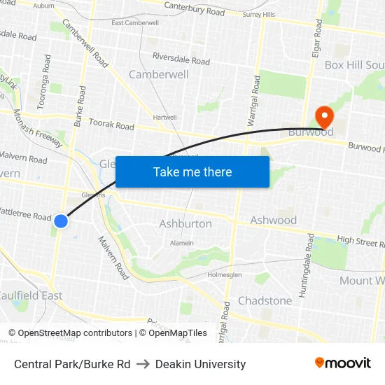 Central Park/Burke Rd to Deakin University map