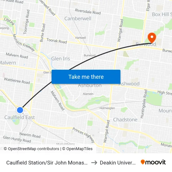 Caulfield Station/Sir John Monash Dr to Deakin University map