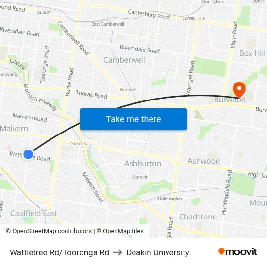 Wattletree Rd/Tooronga Rd to Deakin University map