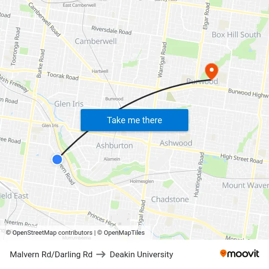 Malvern Rd/Darling Rd to Deakin University map