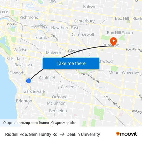 Riddell Pde/Glen Huntly Rd to Deakin University map