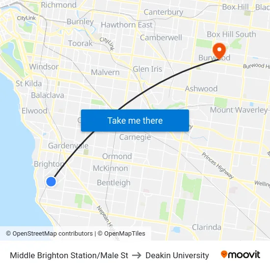 Middle Brighton Station/Male St to Deakin University map
