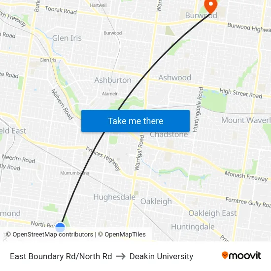 East Boundary Rd/North Rd to Deakin University map