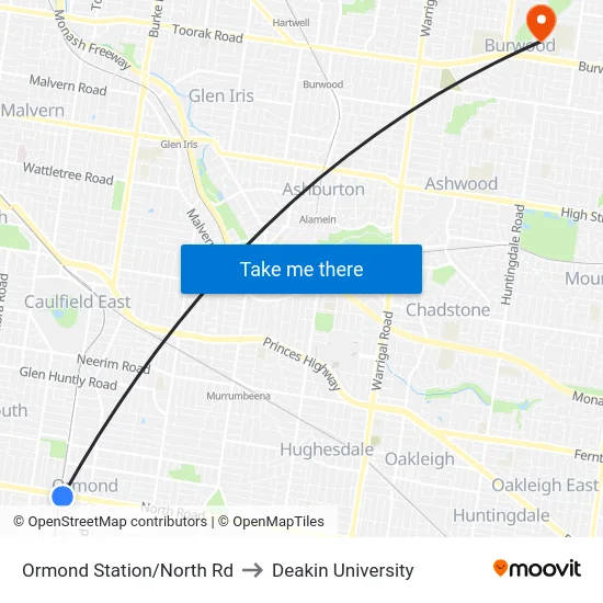 Ormond Station/North Rd to Deakin University map