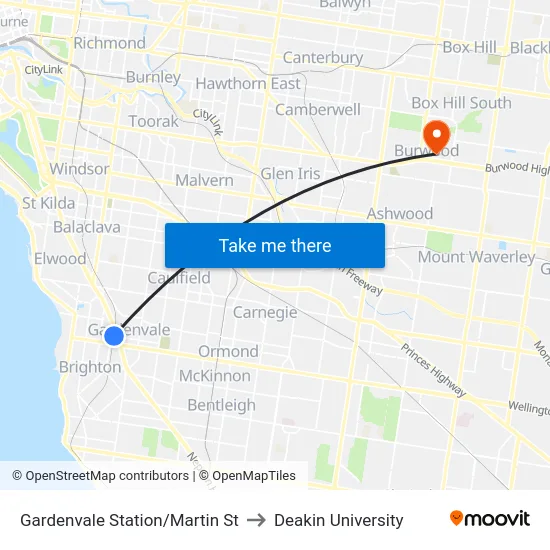 Gardenvale Station/Martin St to Deakin University map