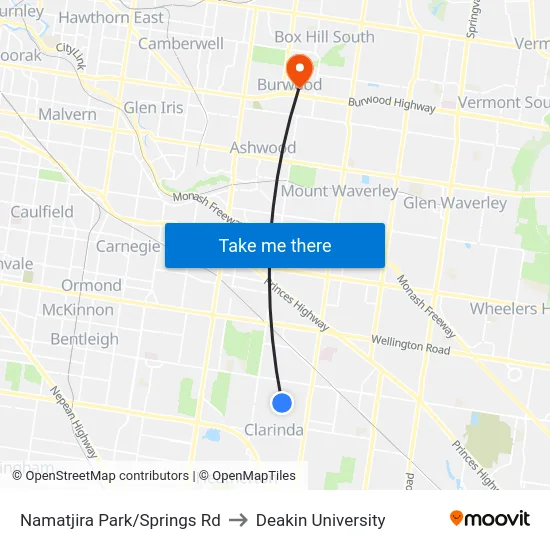 Namatjira Park/Springs Rd to Deakin University map