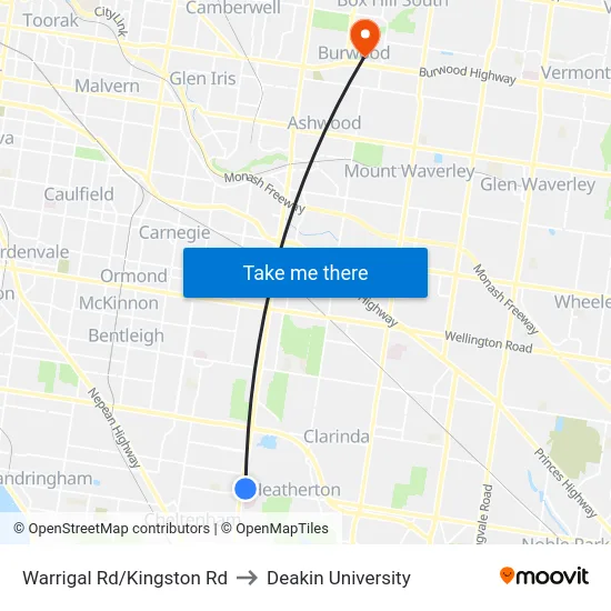 Warrigal Rd/Kingston Rd to Deakin University map