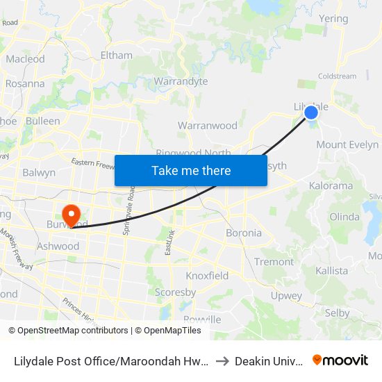 Lilydale Post Office/Maroondah Hwy (Lilydale) to Deakin University map