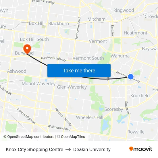 Knox City Shopping Centre to Deakin University map
