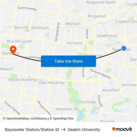 Bayswater Station/Station St to Deakin University map