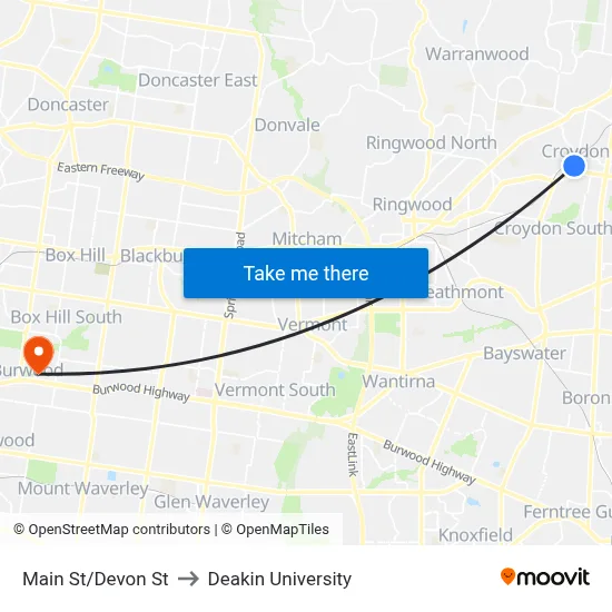 Main St/Devon St to Deakin University map