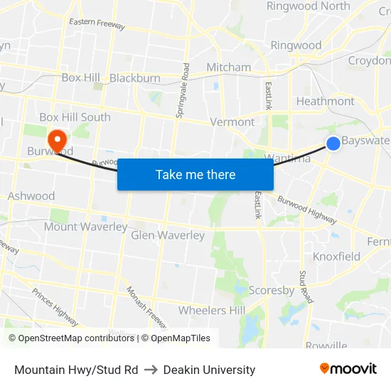 Mountain Hwy/Stud Rd to Deakin University map