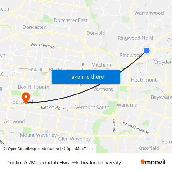 Dublin Rd/Maroondah Hwy to Deakin University map