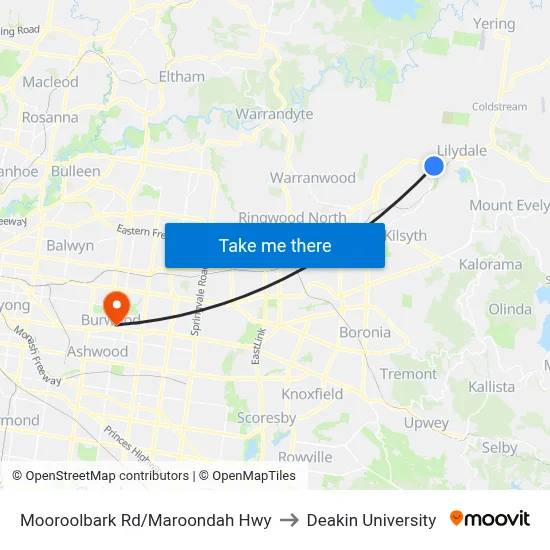 Mooroolbark Rd/Maroondah Hwy to Deakin University map