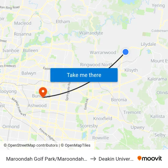 Maroondah Golf Park/Maroondah Hwy to Deakin University map