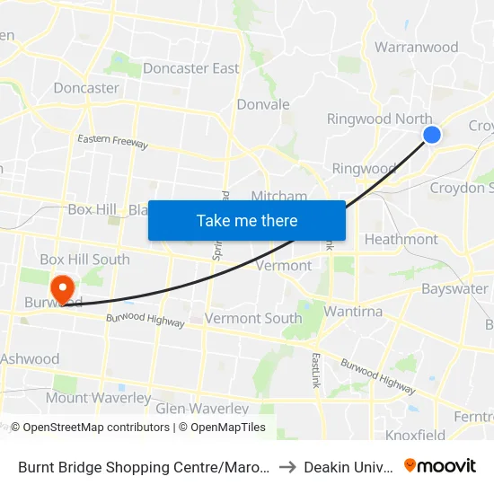 Burnt Bridge Shopping Centre/Maroondah Hwy to Deakin University map