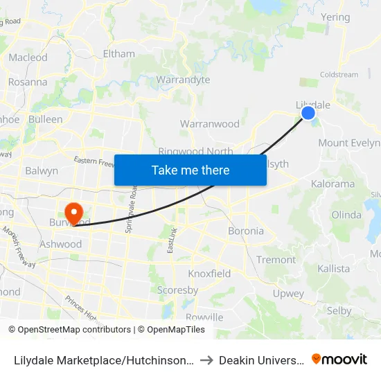 Lilydale Marketplace/Hutchinson St to Deakin University map