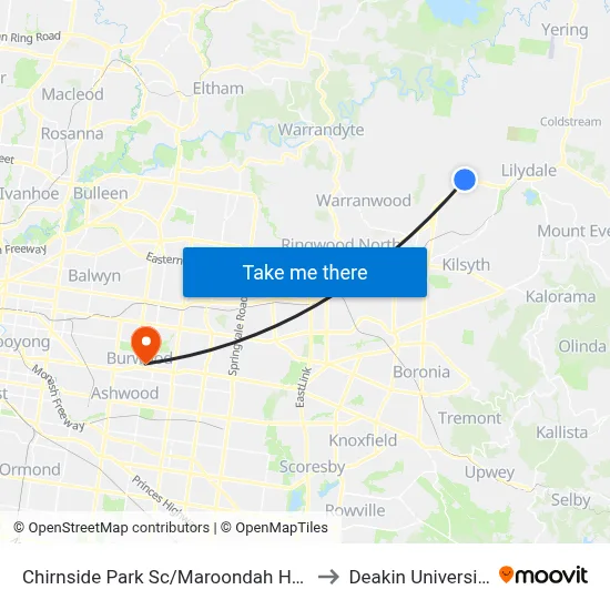 Chirnside Park Sc/Maroondah Hwy to Deakin University map