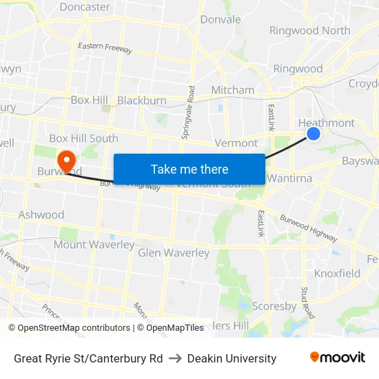 Great Ryrie St/Canterbury Rd to Deakin University map