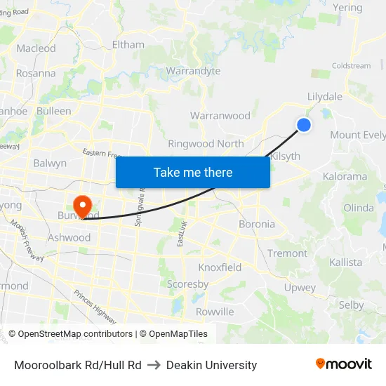 Mooroolbark Rd/Hull Rd to Deakin University map