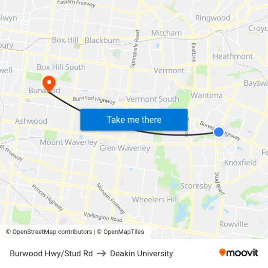 Burwood Hwy/Stud Rd to Deakin University map