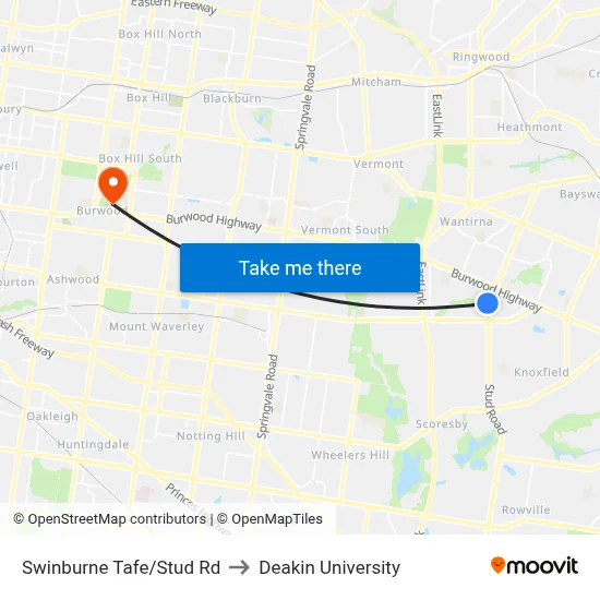 Swinburne Tafe/Stud Rd to Deakin University map