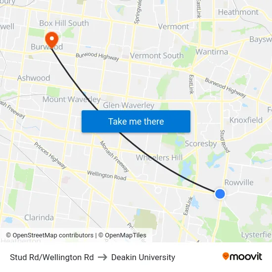 Stud Rd/Wellington Rd to Deakin University map