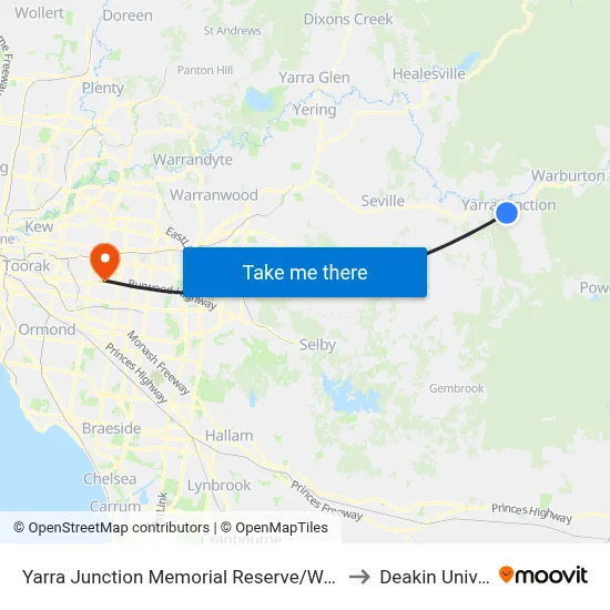 Yarra Junction Memorial Reserve/Warburton Hwy to Deakin University map