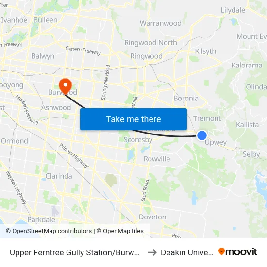 Upper Ferntree Gully Station/Burwood Hwy to Deakin University map