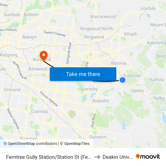 Ferntree Gully Station/Station St to Deakin University map